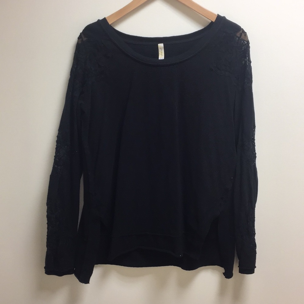 Free People Black Lace Cotton Crewneck Sweatshirt